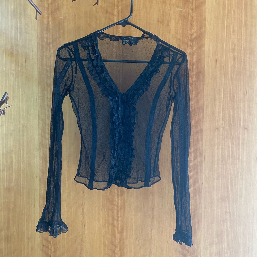 BCBG Super Sexy See Through Bell Sleeve Ruffle Top